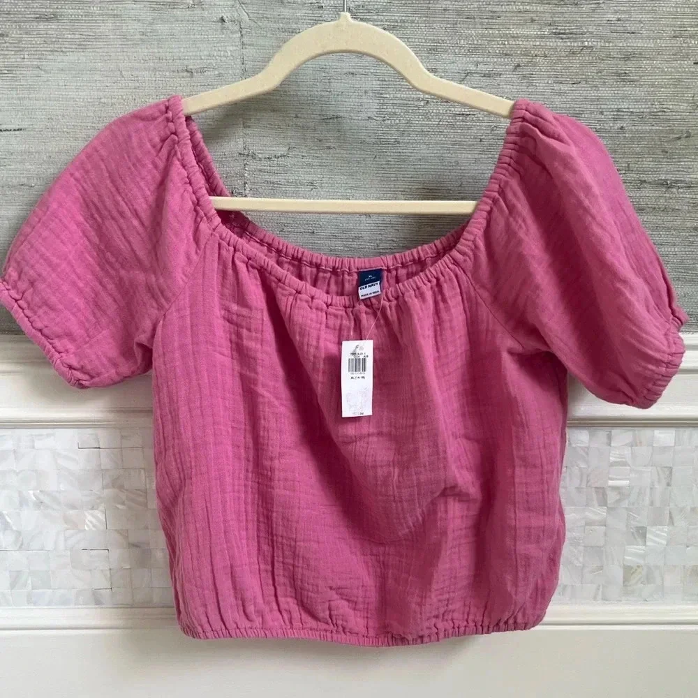 NWT new old navy Double-Weave Cropped Puff-Sleeve Top Girls XL 14-16 pink rose
